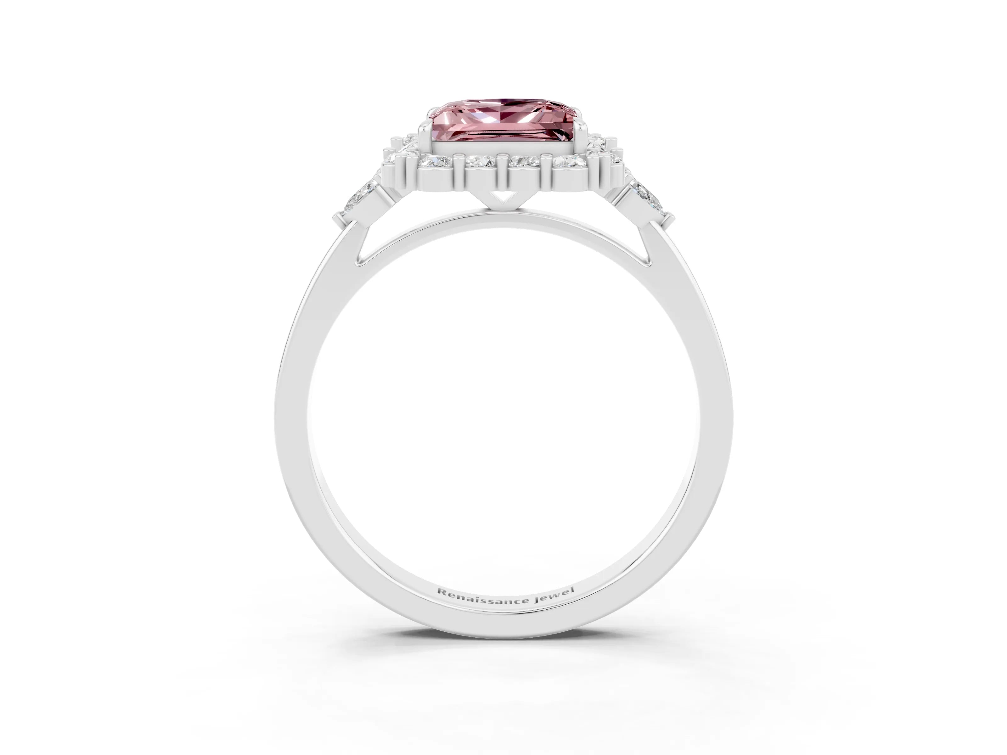 White gold Princess Cut Morganite Halo Ring with Pear Side Stones and Prong Setting_27