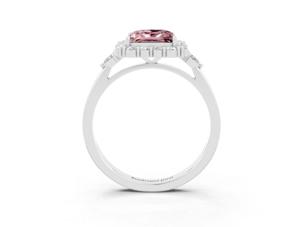 Platinum Princess Cut Morganite Halo Ring with Pear Side Stones and Prong Setting