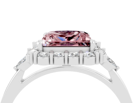 White gold Princess Cut Morganite Halo Ring with Pear Side Stones and Prong Setting_28