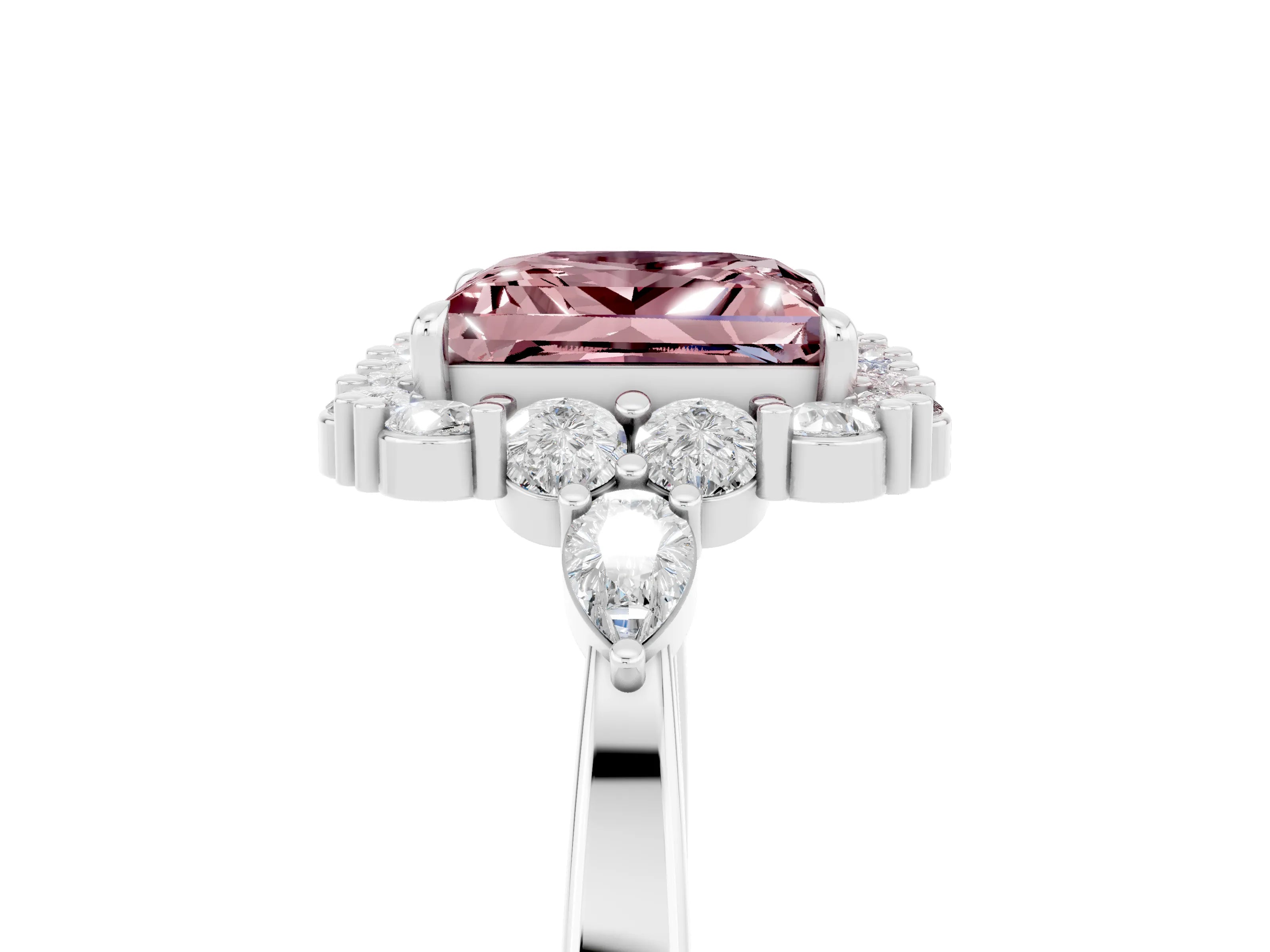 White gold Princess Cut Morganite Halo Ring with Pear Side Stones and Prong Setting_29