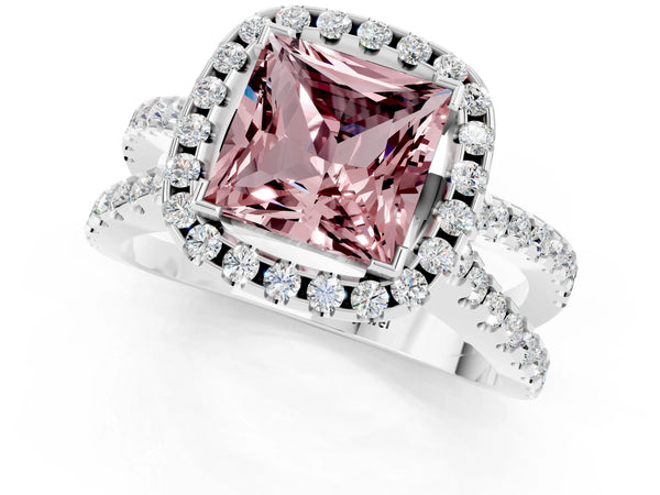 Silver Princess Cut Morganite Halo Ring with Split Shank Pavé Band and Prong Setting