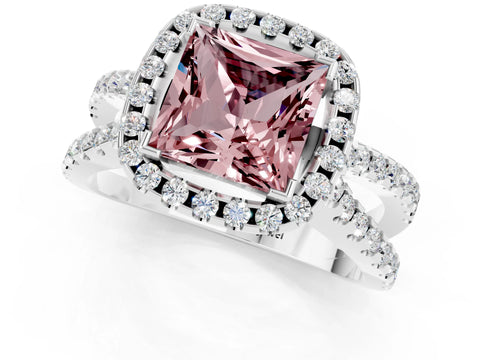 White gold Princess Cut Morganite Halo Ring with Split Shank Pavé Band and Prong Setting_1