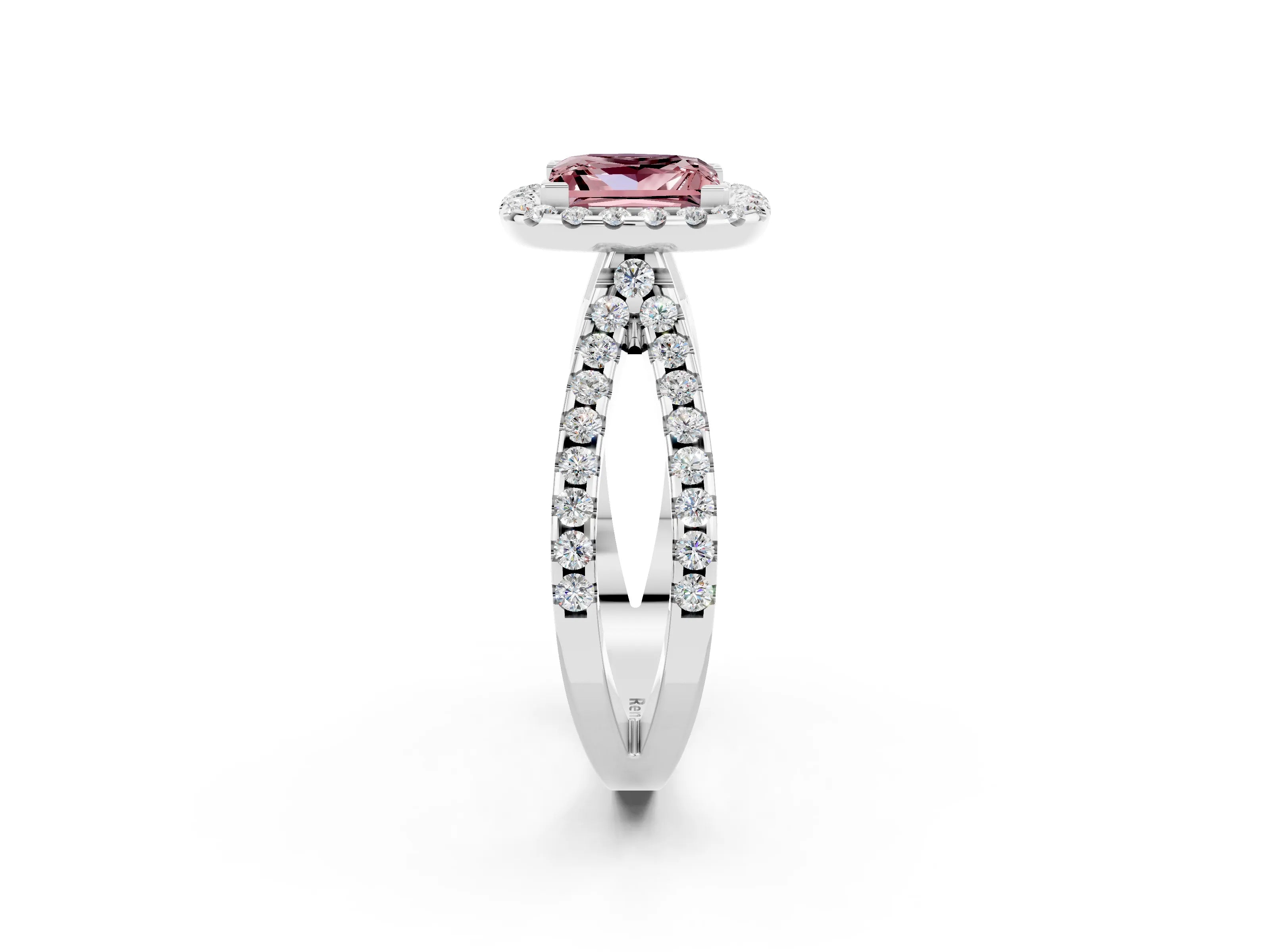 White gold Princess Cut Morganite Halo Ring with Split Shank Pavé Band and Prong Setting_2