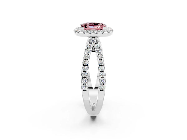 Platinum Princess Cut Morganite Halo Ring with Split Shank Pavé Band and Prong Setting