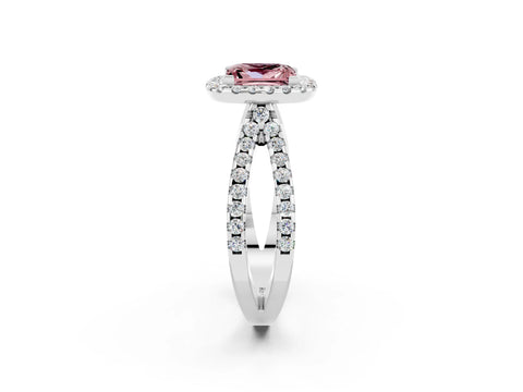 White gold Princess Cut Morganite Halo Ring with Split Shank Pavé Band and Prong Setting_2