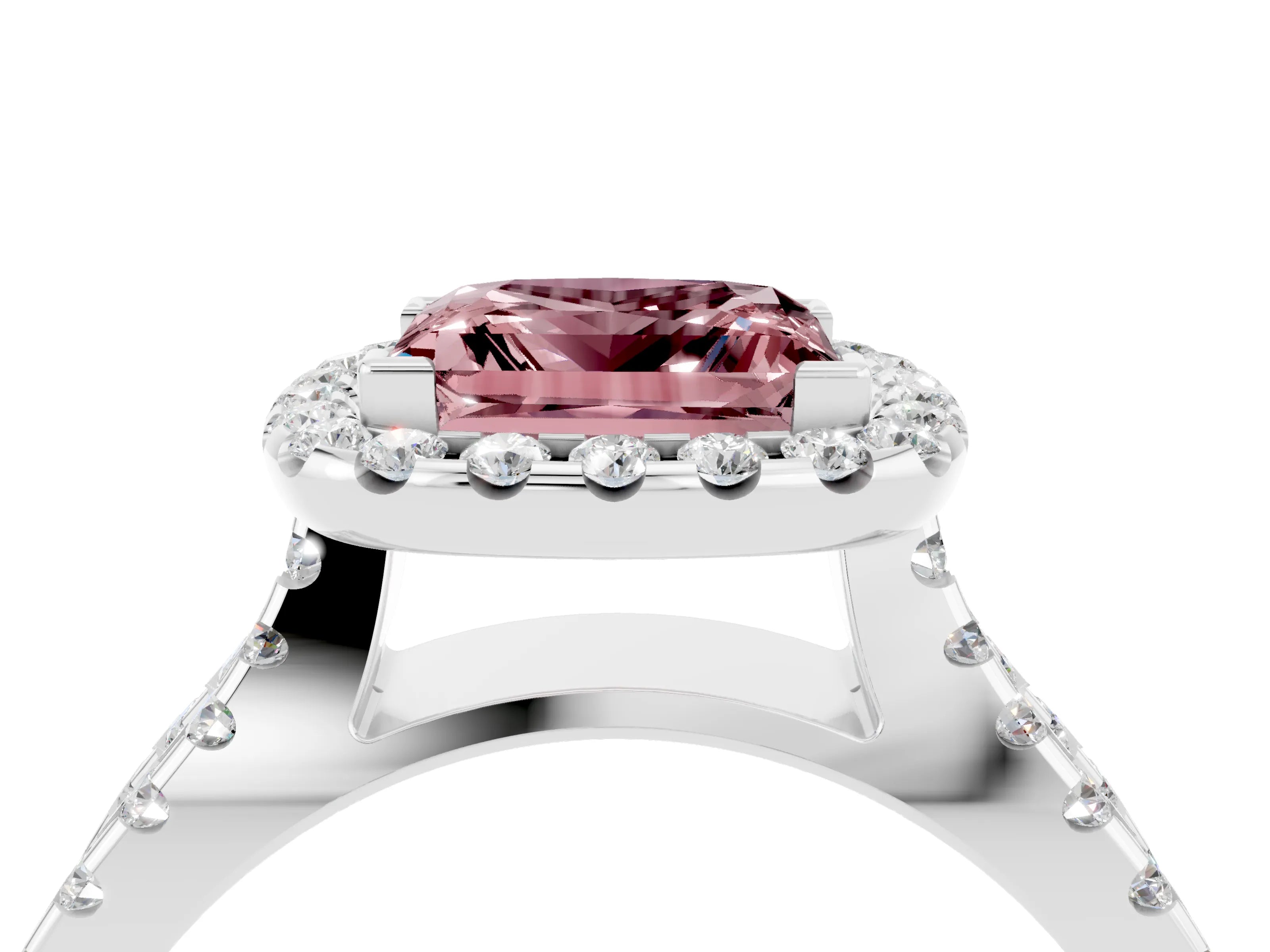 White gold Princess Cut Morganite Halo Ring with Split Shank Pavé Band and Prong Setting_4
