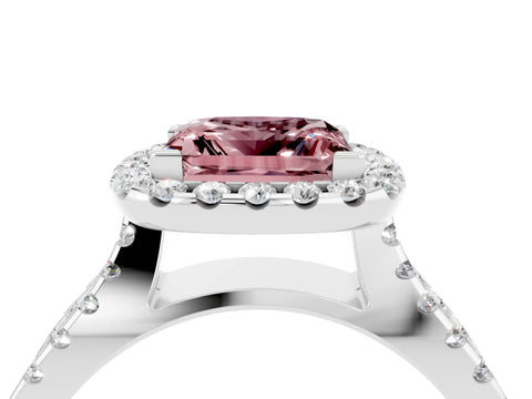 White gold Princess Cut Morganite Halo Ring with Split Shank Pavé Band and Prong Setting_4