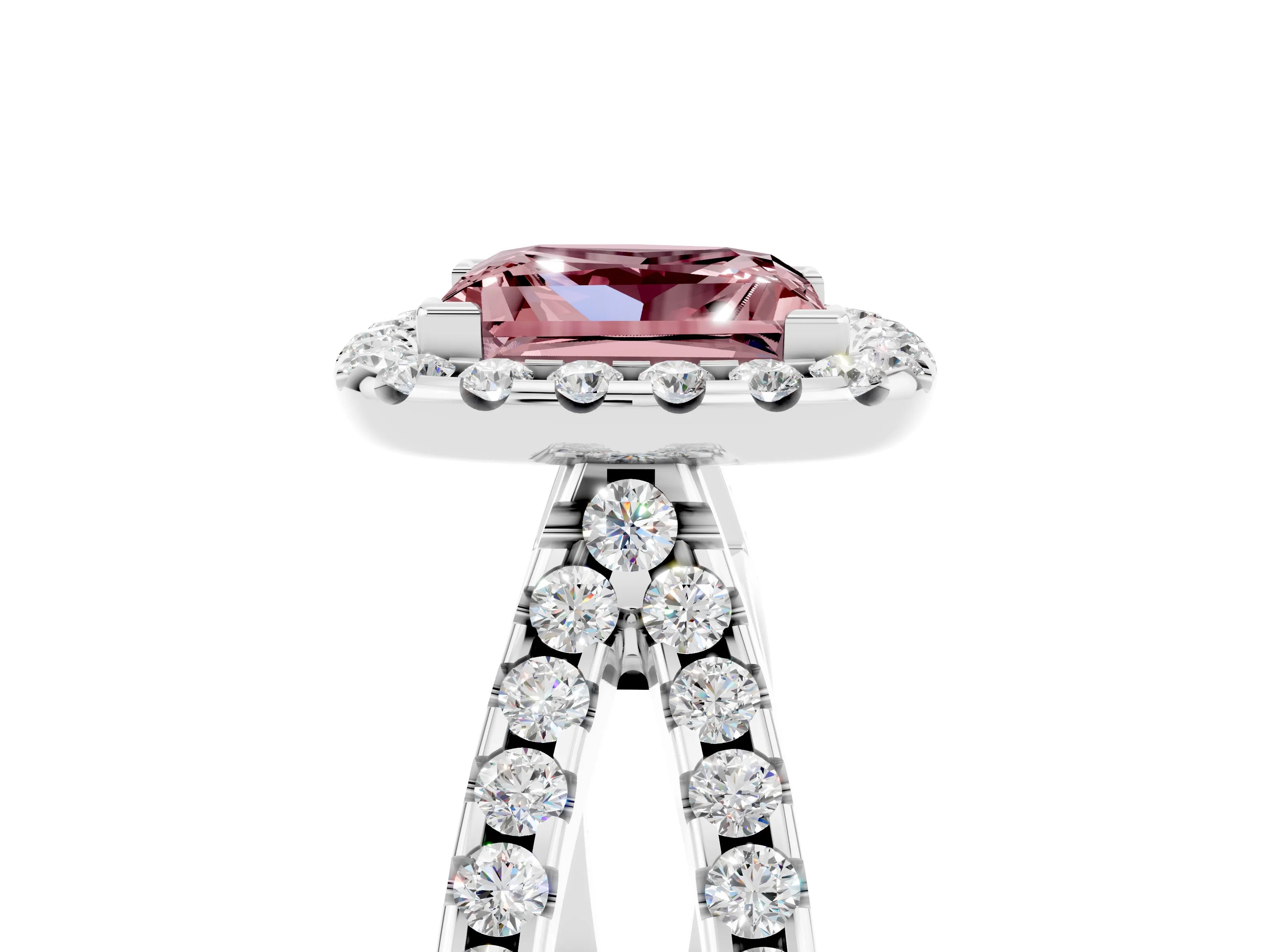White gold Princess Cut Morganite Halo Ring with Split Shank Pavé Band and Prong Setting_5