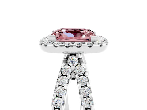 White gold Princess Cut Morganite Halo Ring with Split Shank Pavé Band and Prong Setting_5