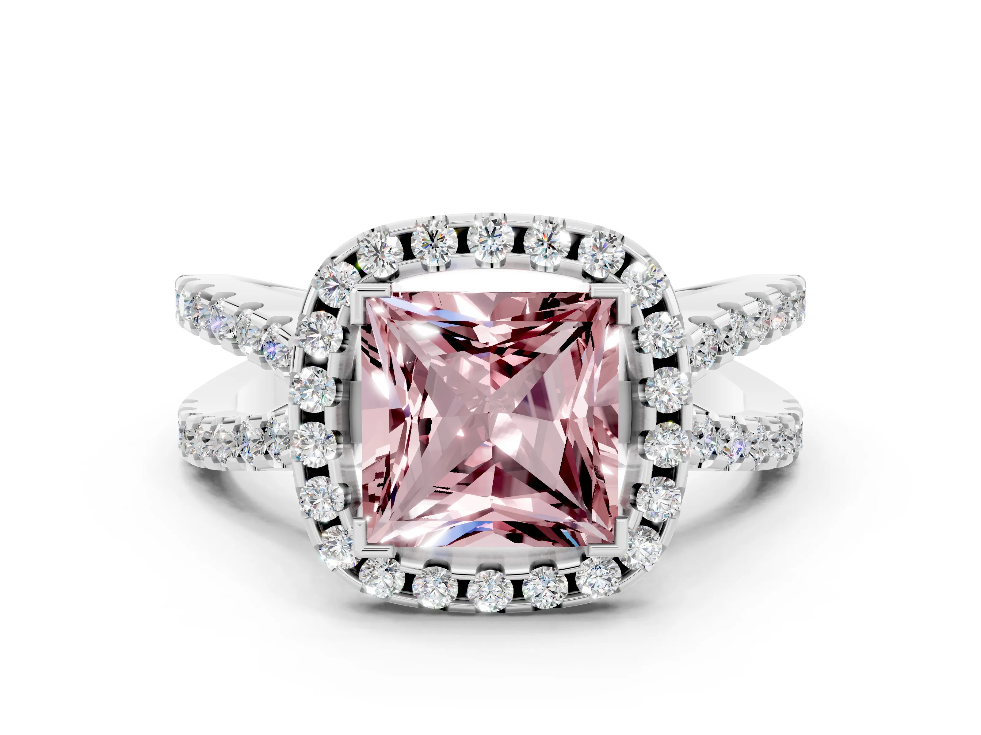 White gold Princess Cut Morganite Halo Ring with Split Shank Pavé Band and Prong Setting
