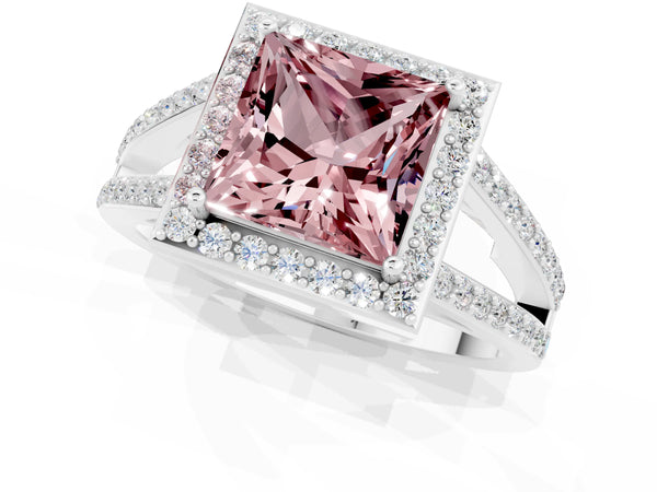 Platinum Princess Cut Morganite Halo Ring with Split Shank U-Prong Band and Four-Prong Setting