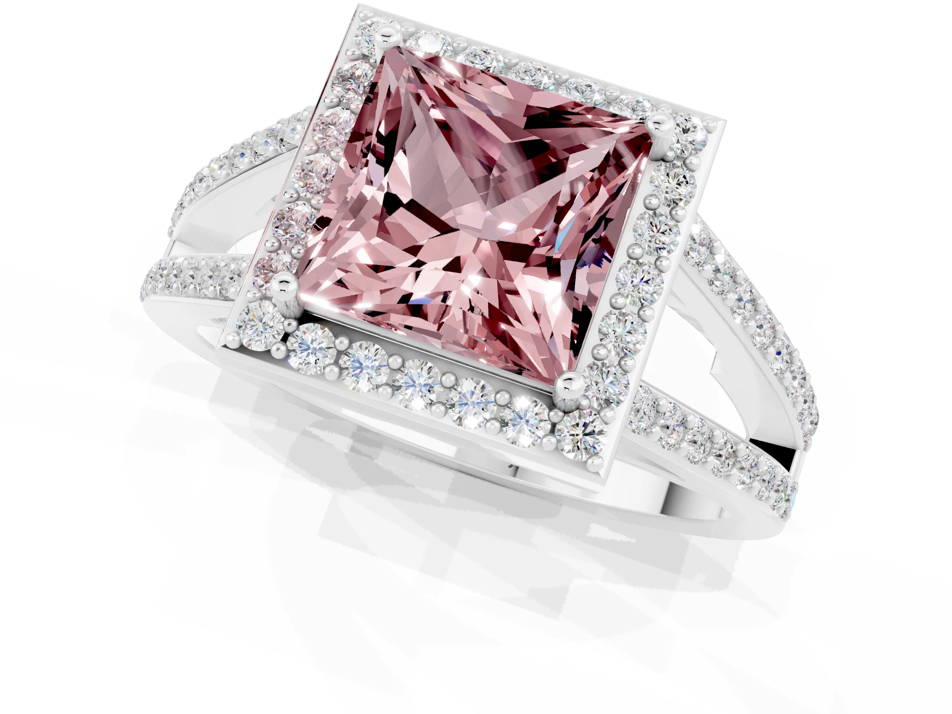 White gold Princess Cut Morganite Halo Ring with Split Shank U-Prong Band and Four-Prong Setting_1