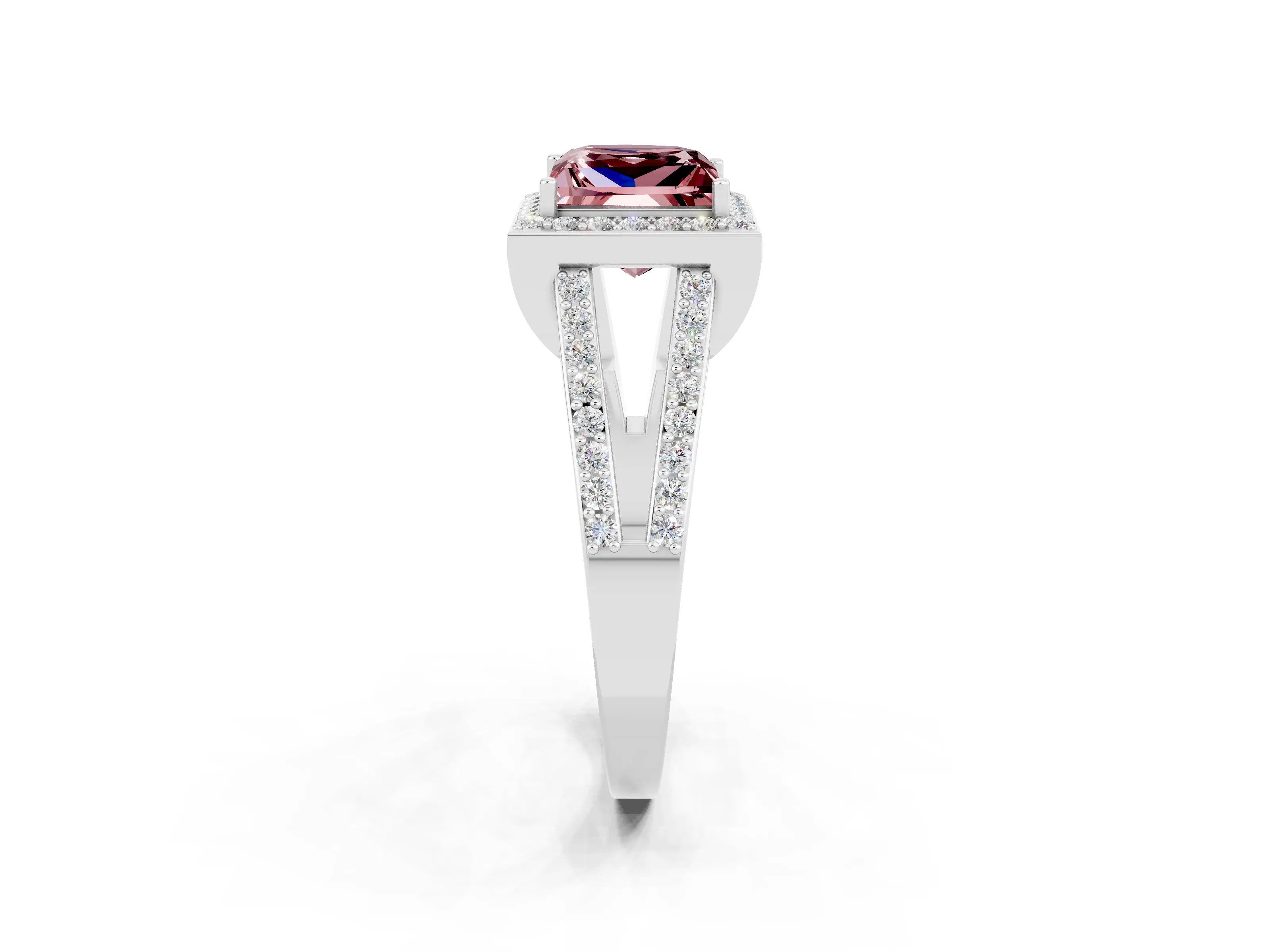 White gold Princess Cut Morganite Halo Ring with Split Shank U-Prong Band and Four-Prong Setting_2