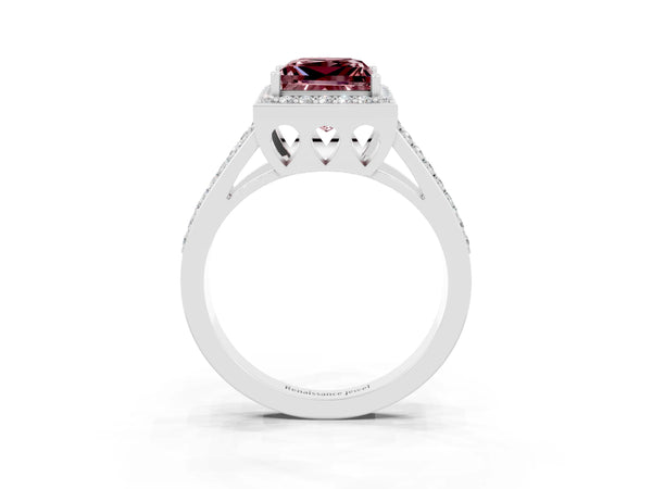 White gold Princess Cut Morganite Halo Ring with Split Shank U-Prong Band and Four-Prong Setting