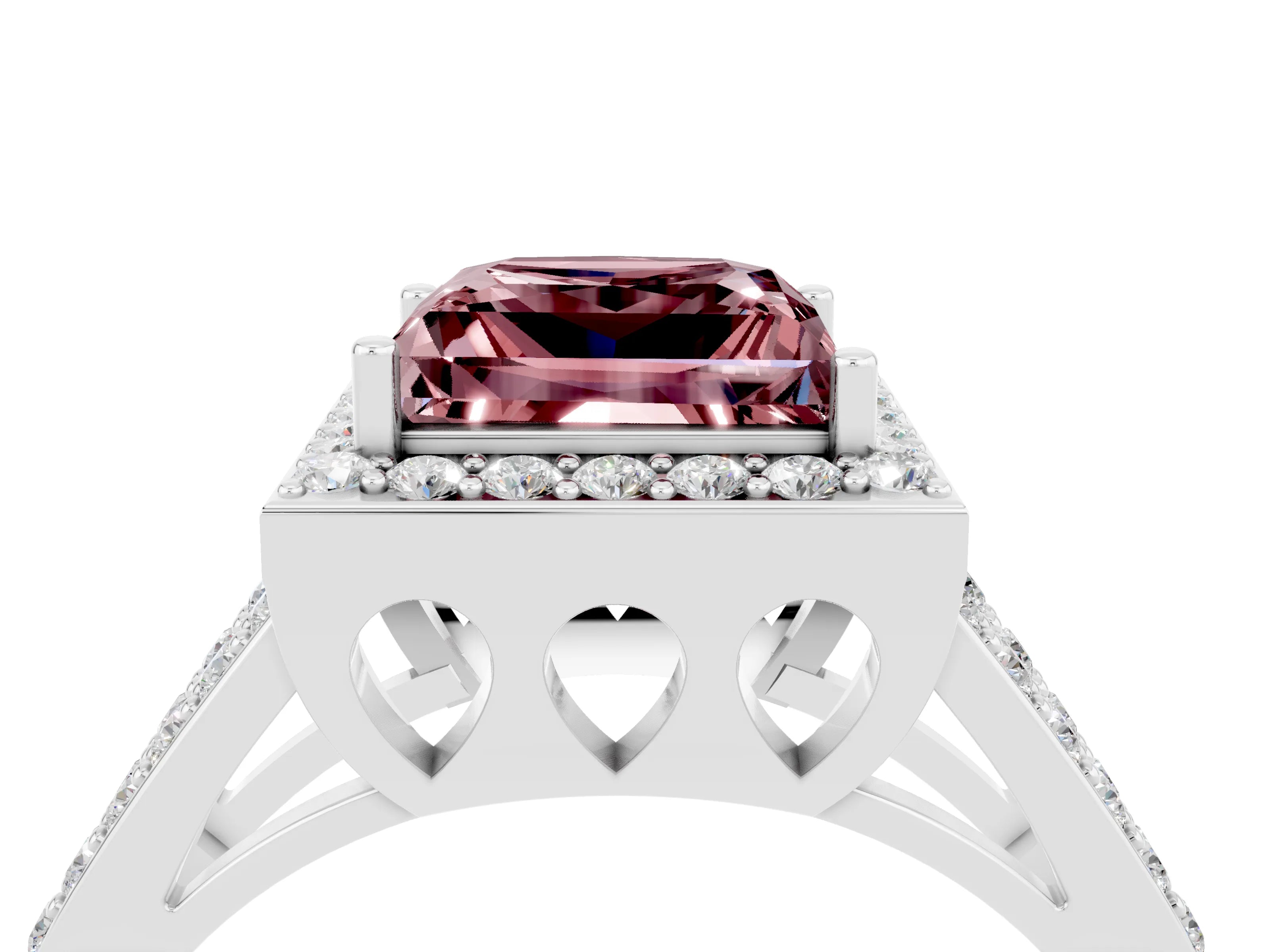 White gold Princess Cut Morganite Halo Ring with Split Shank U-Prong Band and Four-Prong Setting_4