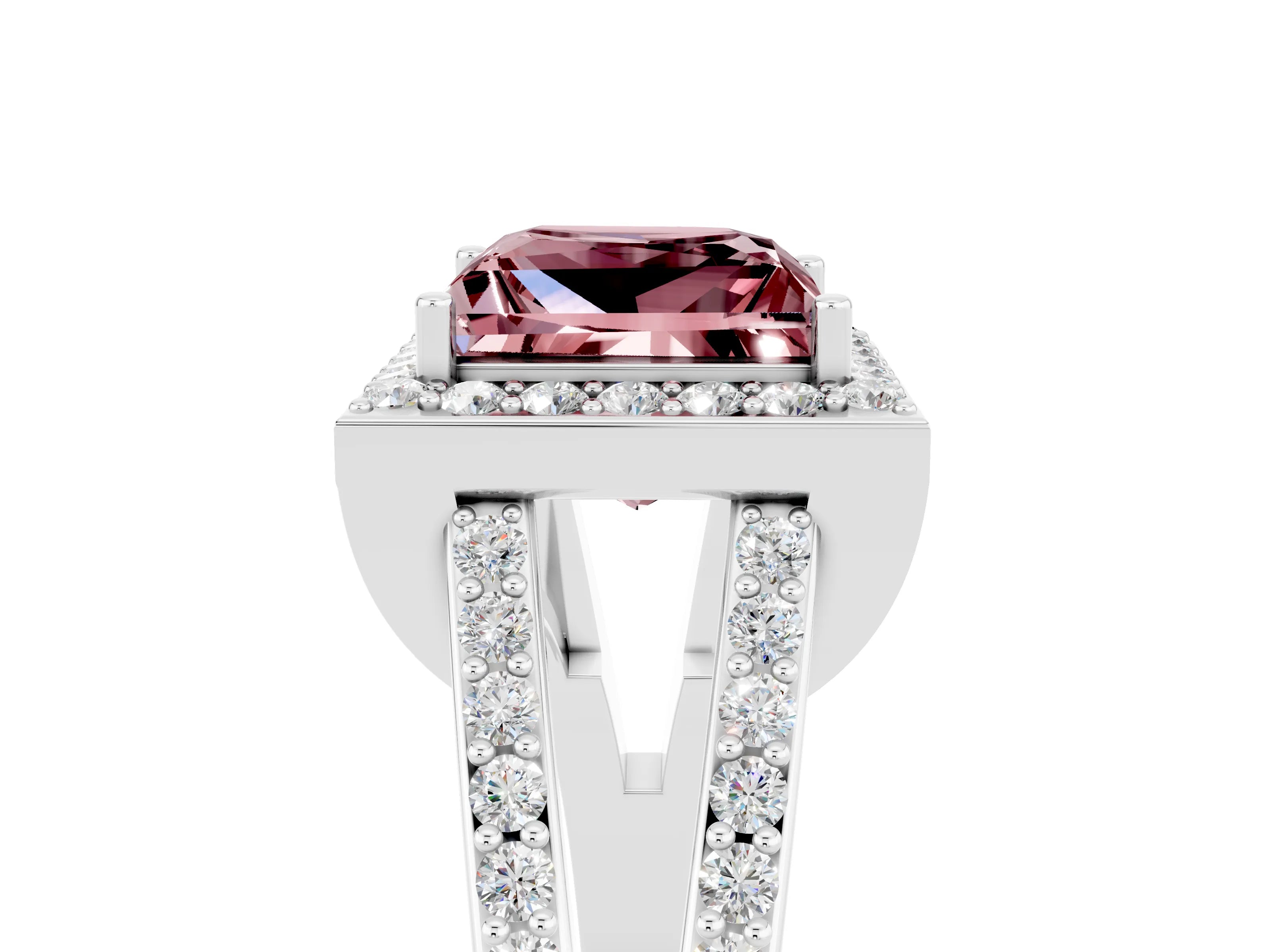 White gold Princess Cut Morganite Halo Ring with Split Shank U-Prong Band and Four-Prong Setting_5