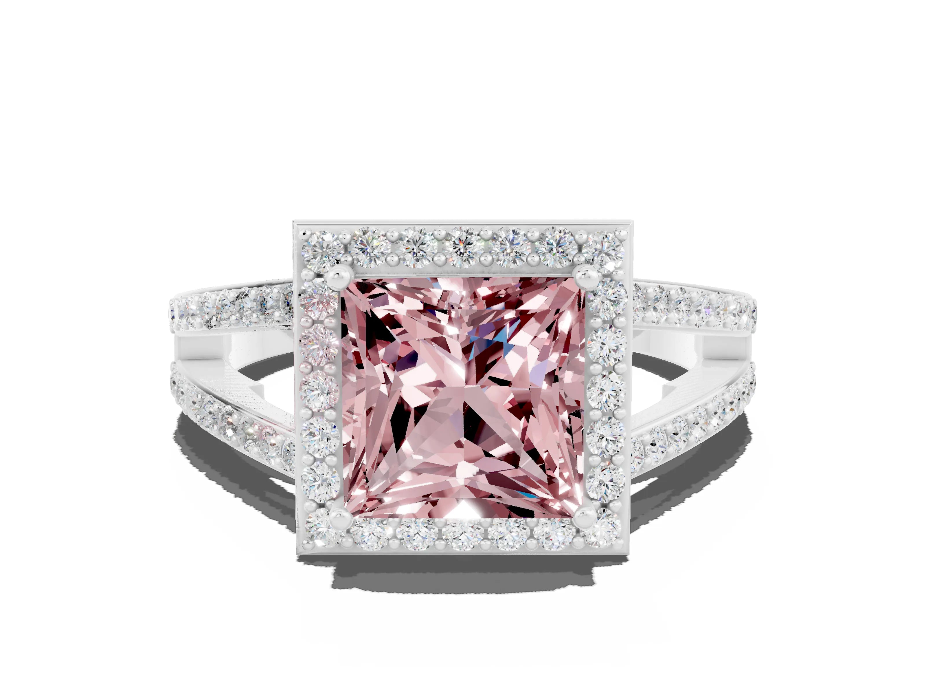 White gold Princess Cut Morganite Halo Ring with Split Shank U-Prong Band and Four-Prong Setting