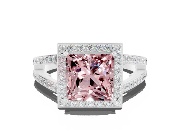 White gold Princess Cut Morganite Halo Ring with Split Shank U-Prong Band and Four-Prong Setting