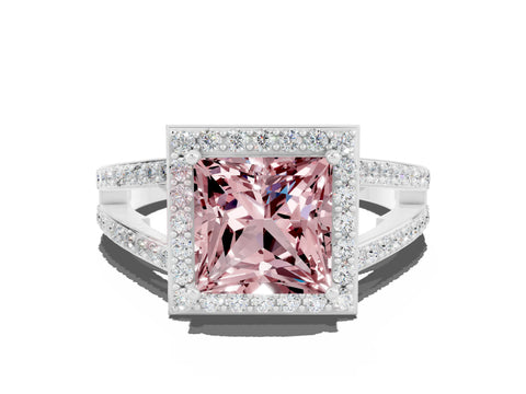 White gold Princess Cut Morganite Halo Ring with Split Shank U-Prong Band and Four-Prong Setting