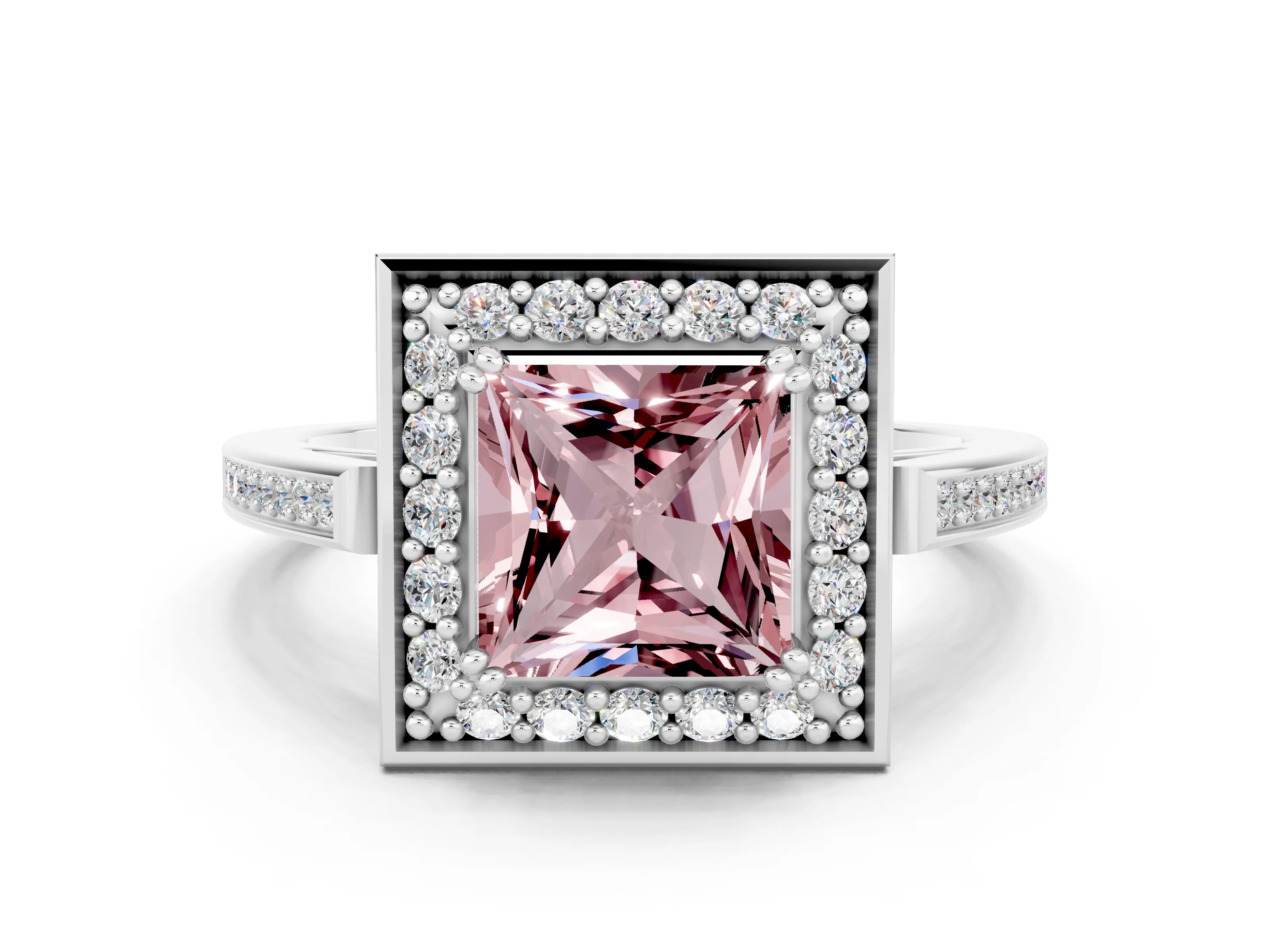 White gold Princess Cut Morganite Halo Ring with Split Shank and Four-Prong Setting_12
