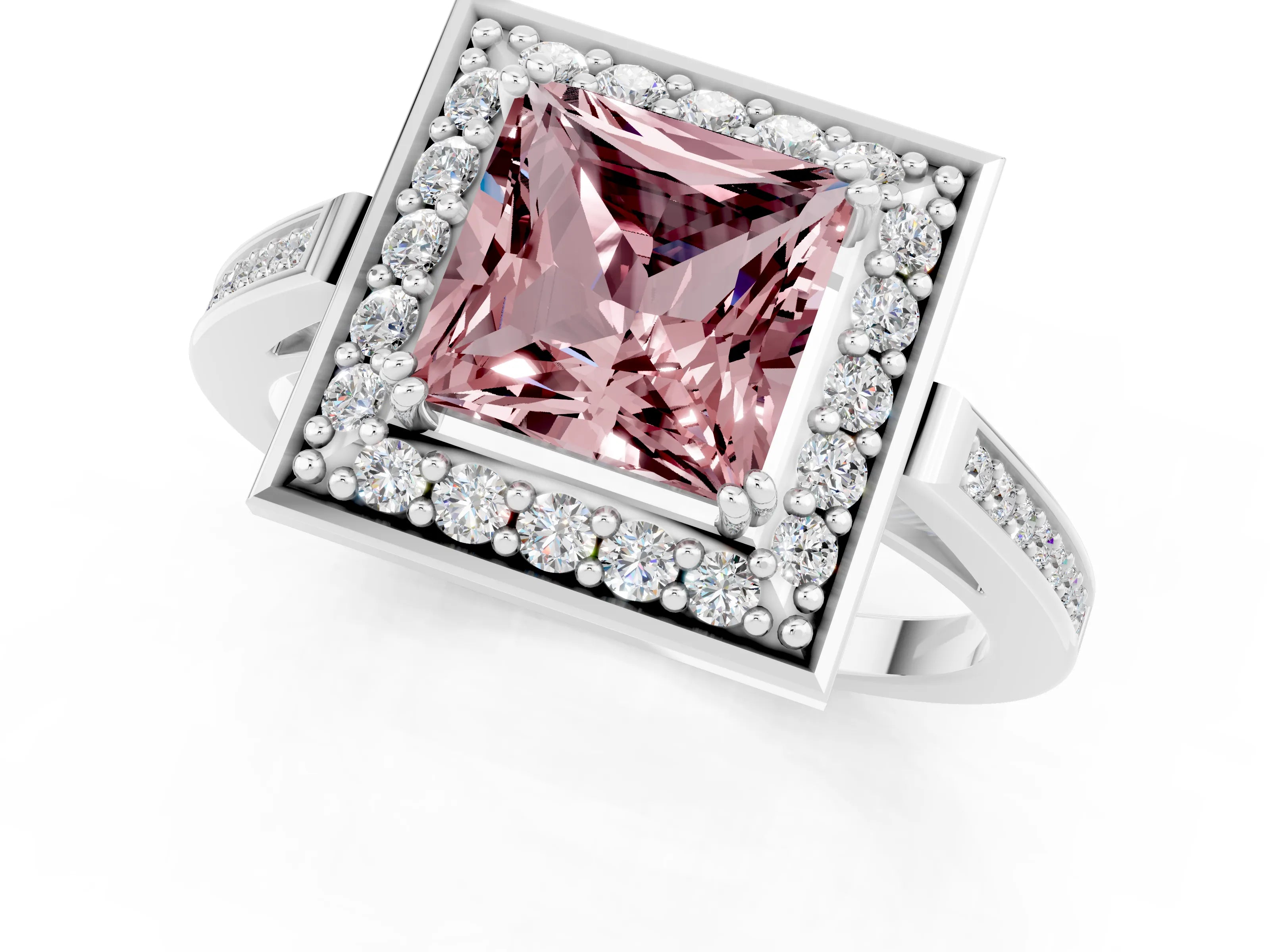 White gold Princess Cut Morganite Halo Ring with Split Shank and Four-Prong Setting_13