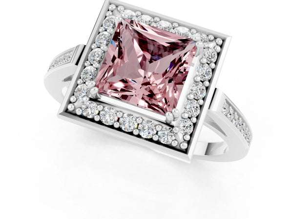 Silver Princess Cut Morganite Halo Ring with Split Shank and Four-Prong Setting