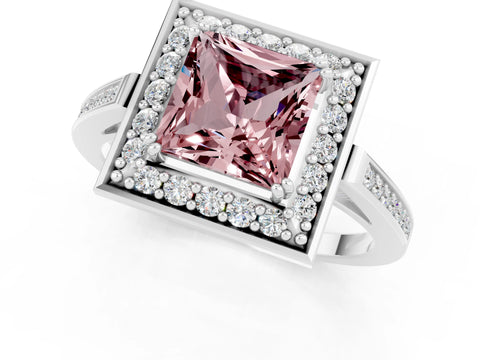 White gold Princess Cut Morganite Halo Ring with Split Shank and Four-Prong Setting_13