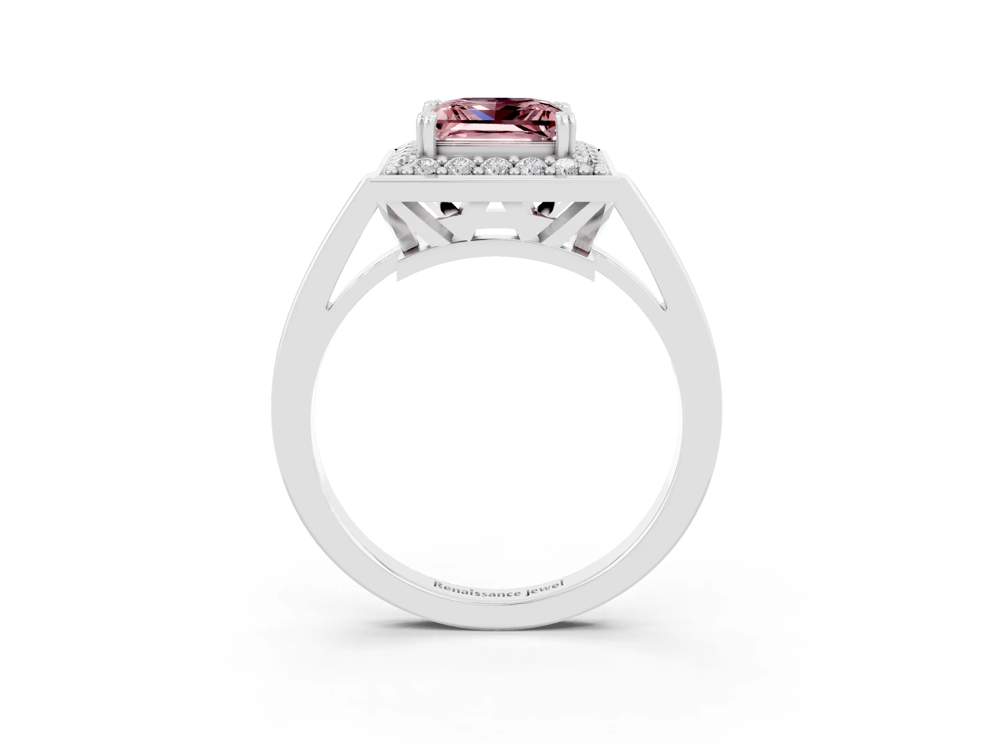 White gold Princess Cut Morganite Halo Ring with Split Shank and Four-Prong Setting_15