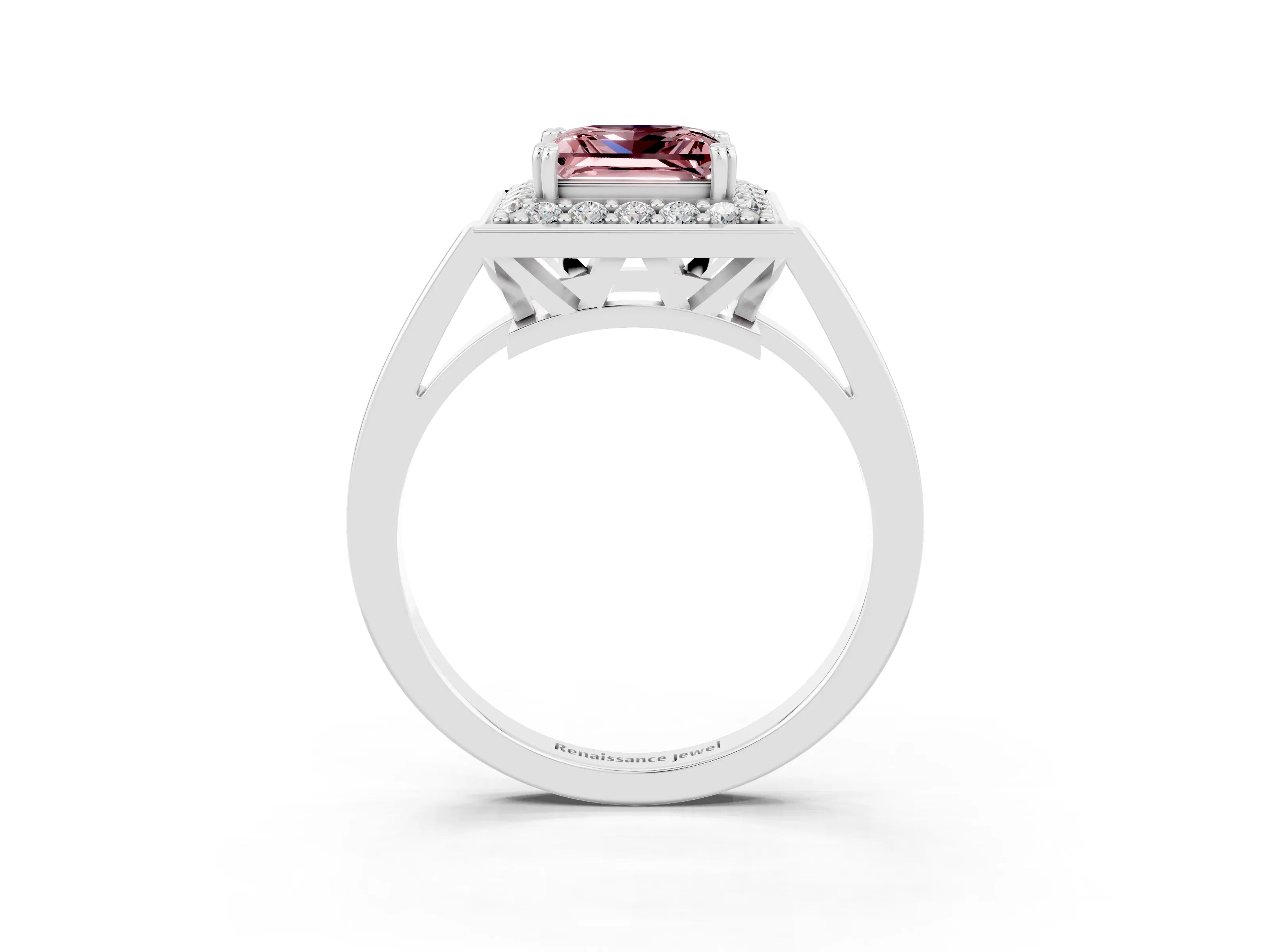White gold Princess Cut Morganite Halo Ring with Split Shank and Four-Prong Setting_15