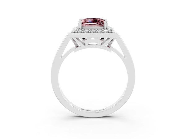 White gold Princess Cut Morganite Halo Ring with Split Shank and Four-Prong Setting