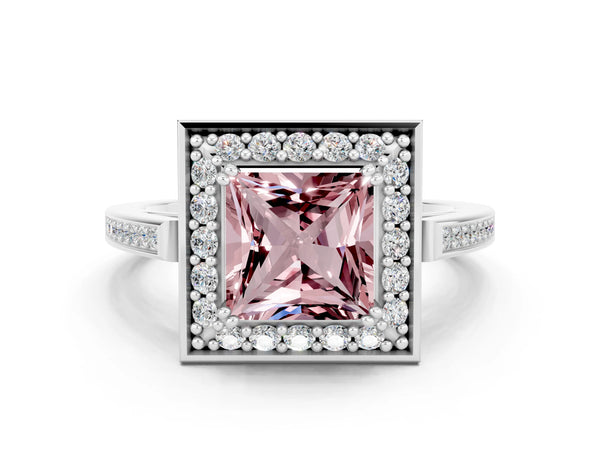 Platinum Princess Cut Morganite Halo Ring with Split Shank and Four-Prong Setting