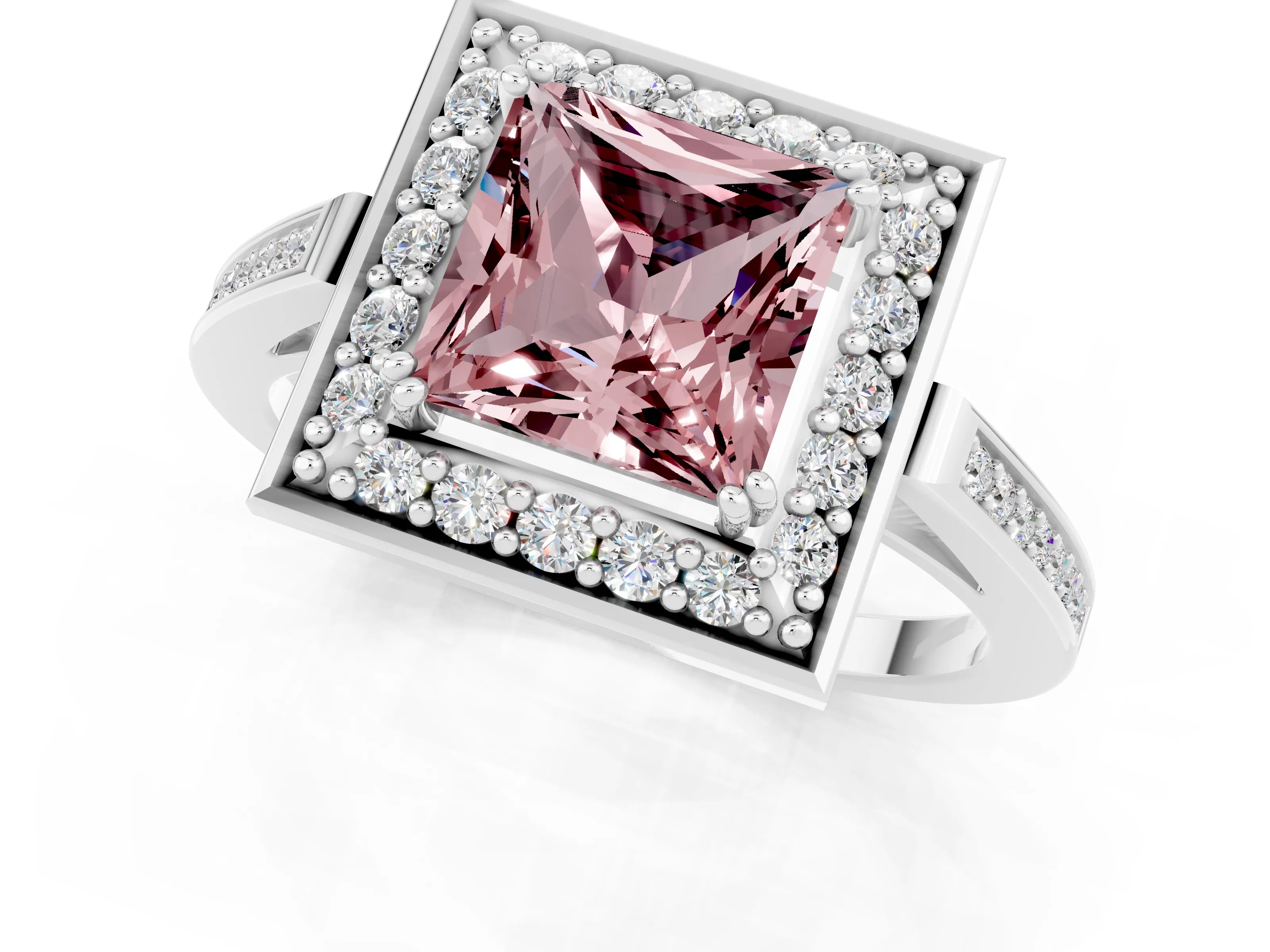 White gold Princess Cut Morganite Halo Ring with Split Shank and Four-Prong Setting_25