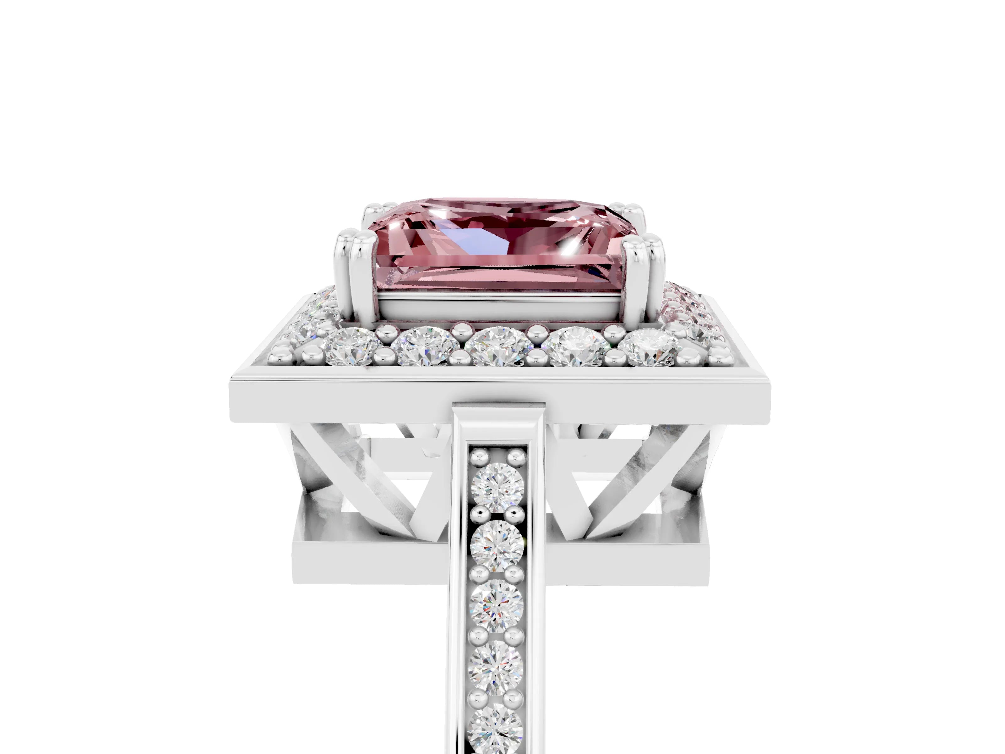White gold Princess Cut Morganite Halo Ring with Split Shank and Four-Prong Setting_29