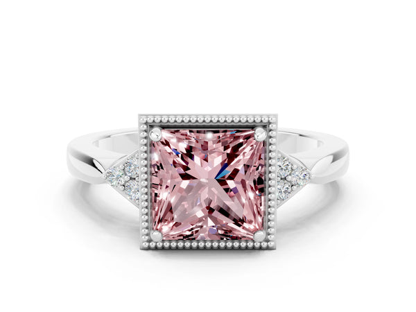 Platinum Princess Cut Morganite Halo Ring with Tapered Band and Four-Prong Setting