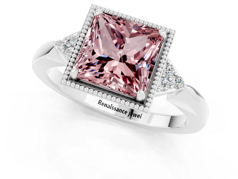 White gold Princess Cut Morganite Halo Ring with Tapered Band and Four-Prong Setting_1