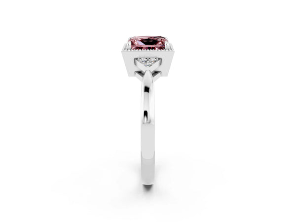 White gold Princess Cut Morganite Halo Ring with Tapered Band and Four-Prong Setting