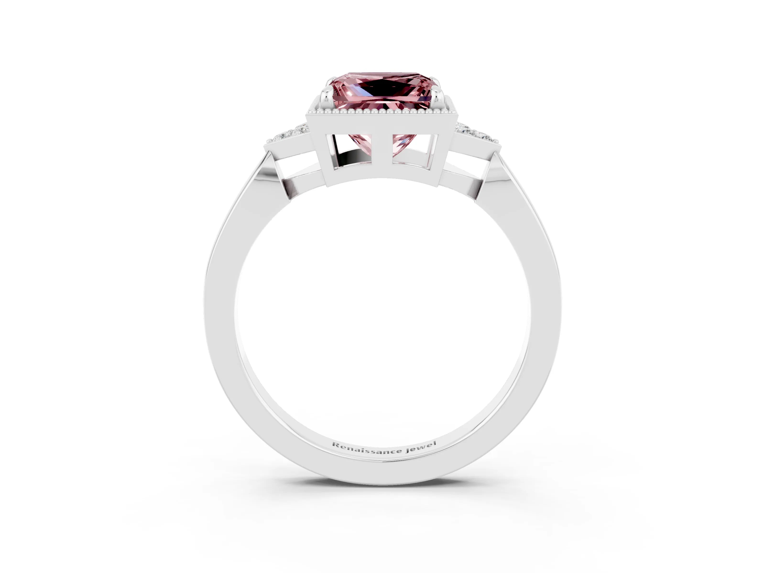 White gold Princess Cut Morganite Halo Ring with Tapered Band and Four-Prong Setting_3