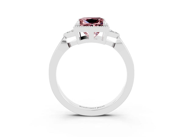Platinum Princess Cut Morganite Halo Ring with Tapered Band and Four-Prong Setting