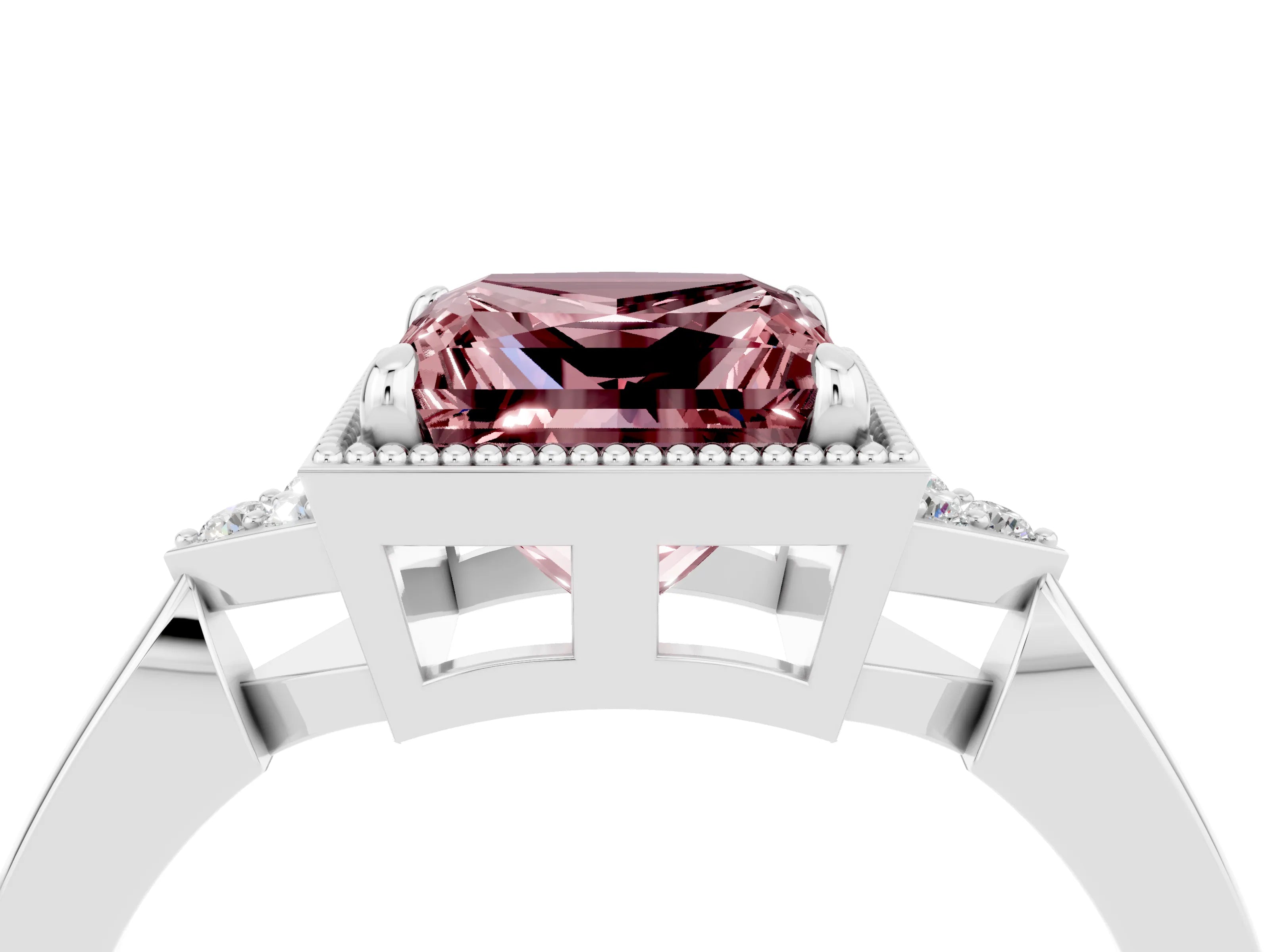 White gold Princess Cut Morganite Halo Ring with Tapered Band and Four-Prong Setting_4