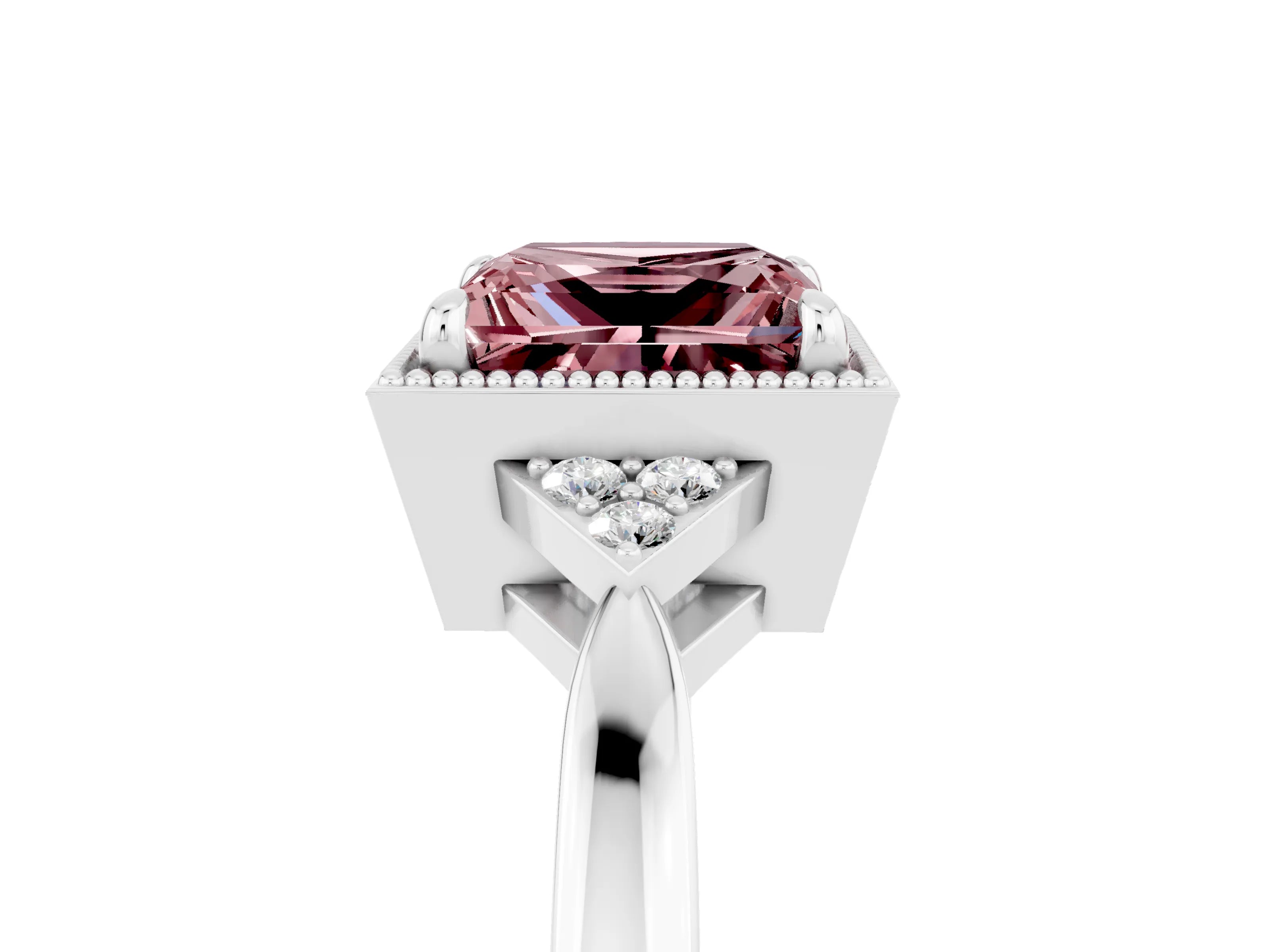 White gold Princess Cut Morganite Halo Ring with Tapered Band and Four-Prong Setting_5