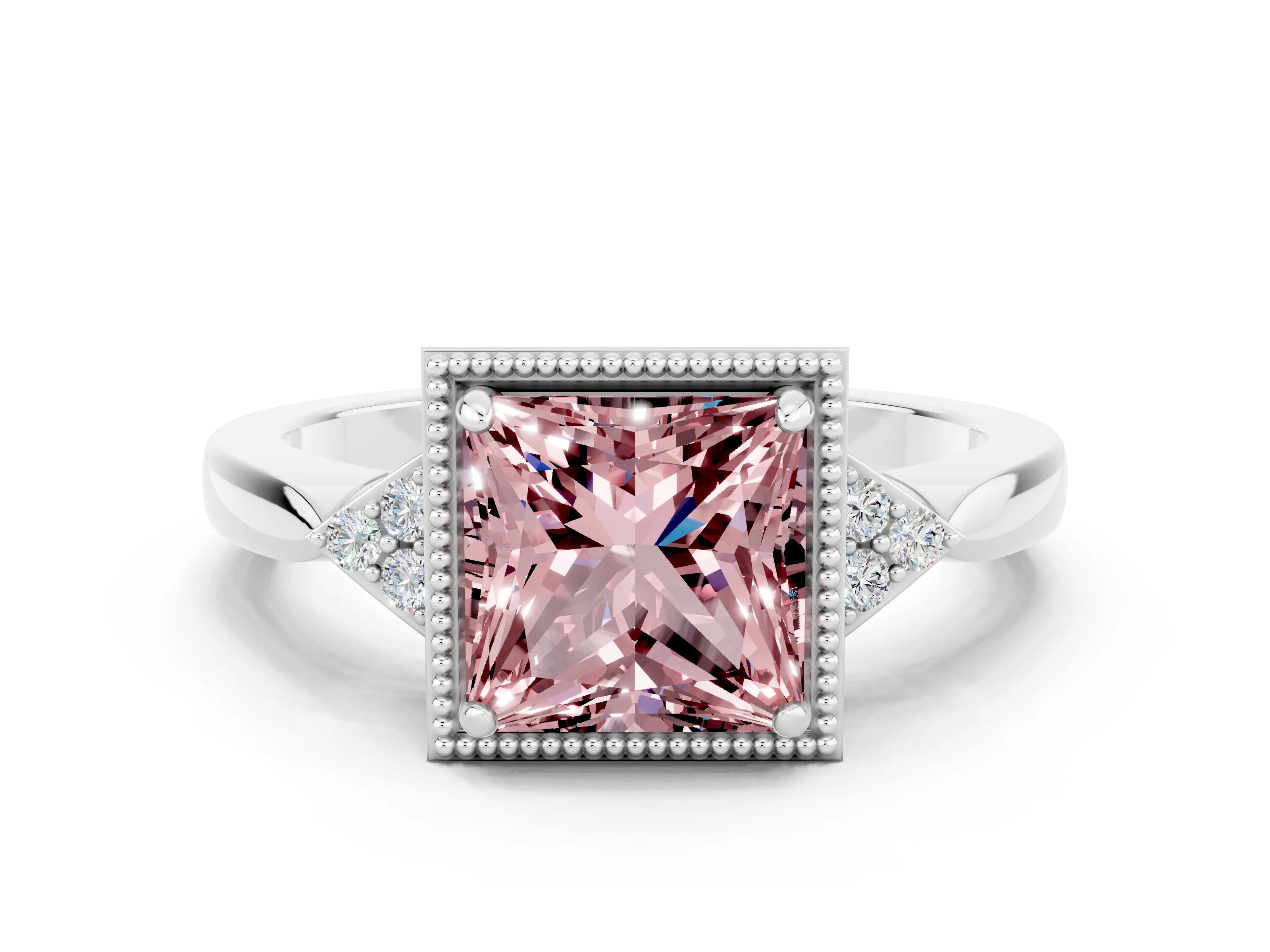 White gold Princess Cut Morganite Halo Ring with Tapered Band and Four-Prong Setting