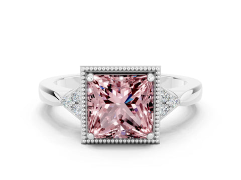 White gold Princess Cut Morganite Halo Ring with Tapered Band and Four-Prong Setting