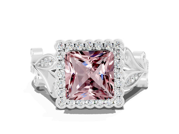 Silver Princess Cut Morganite Halo Ring with Vintage Split Shank and Four-Prong Setting