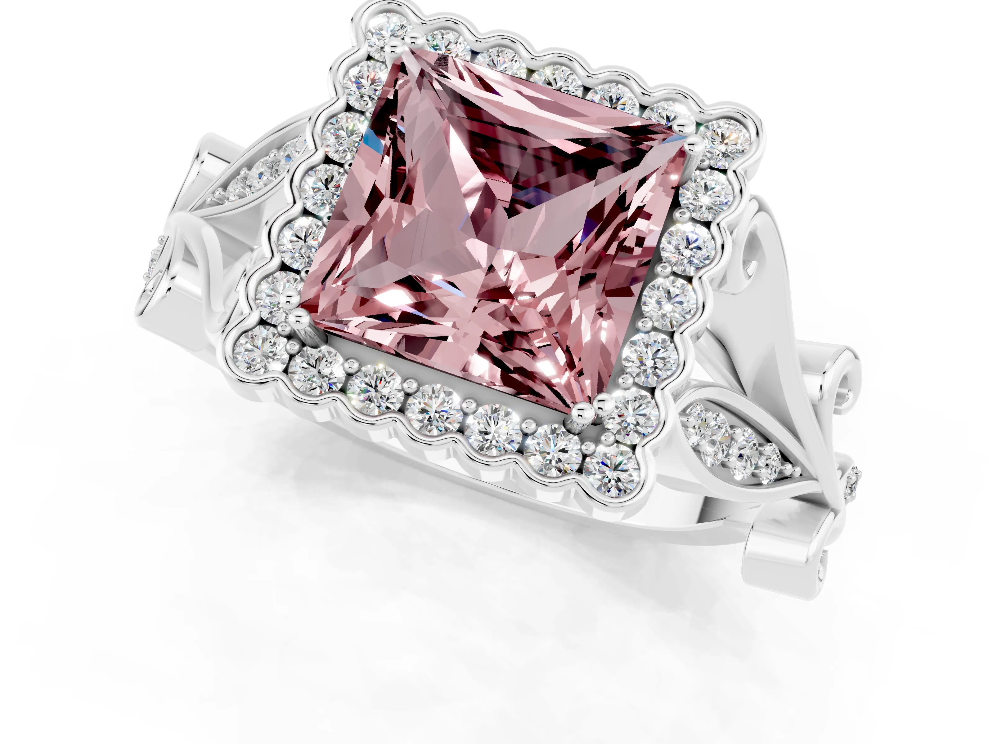 White gold Princess Cut Morganite Halo Ring with Vintage Split Shank and Four-Prong Setting_25