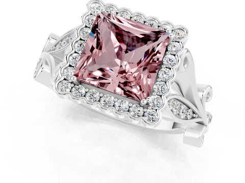 White gold Princess Cut Morganite Halo Ring with Vintage Split Shank and Four-Prong Setting_25