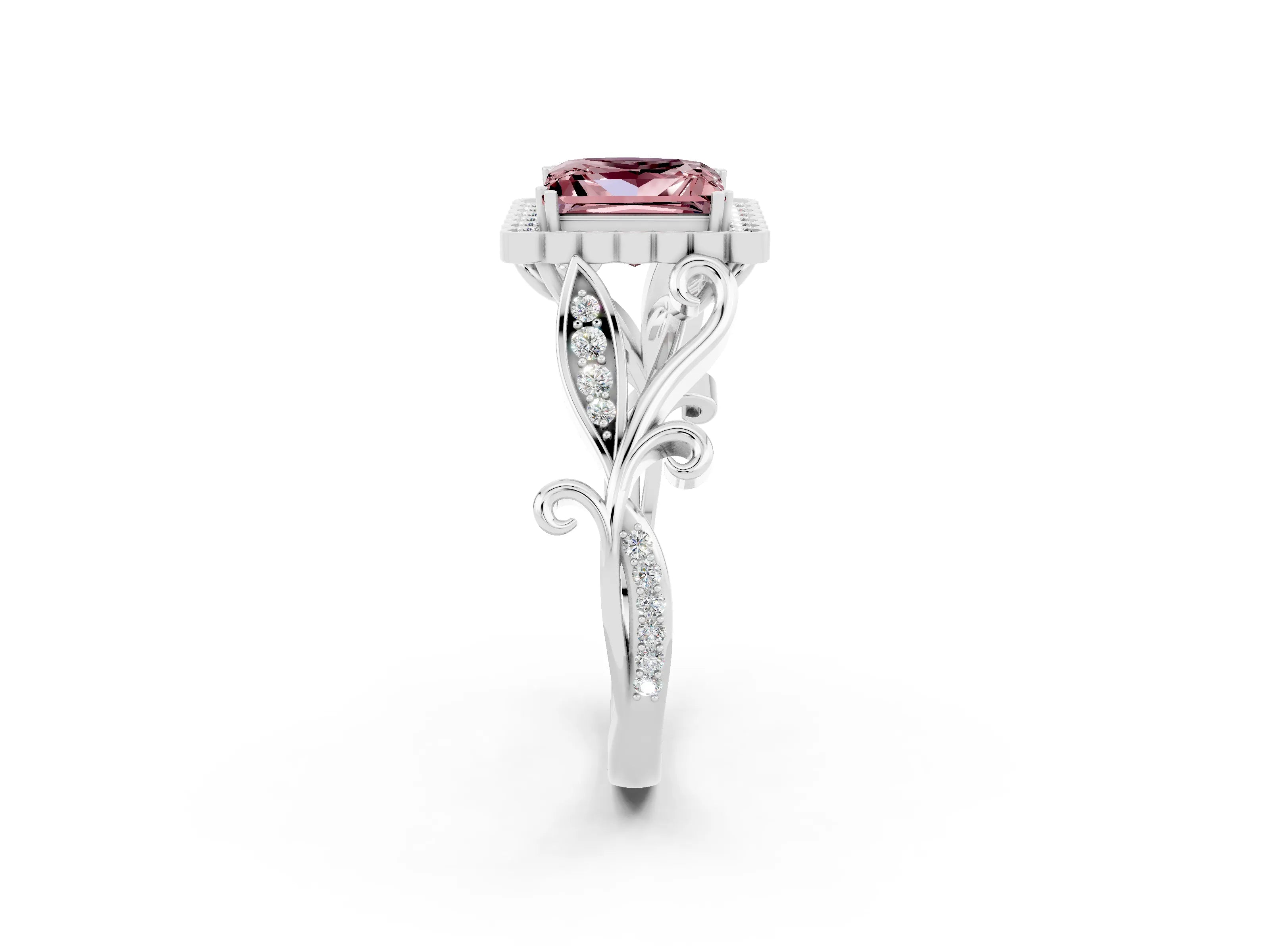 White gold Princess Cut Morganite Halo Ring with Vintage Split Shank and Four-Prong Setting_26