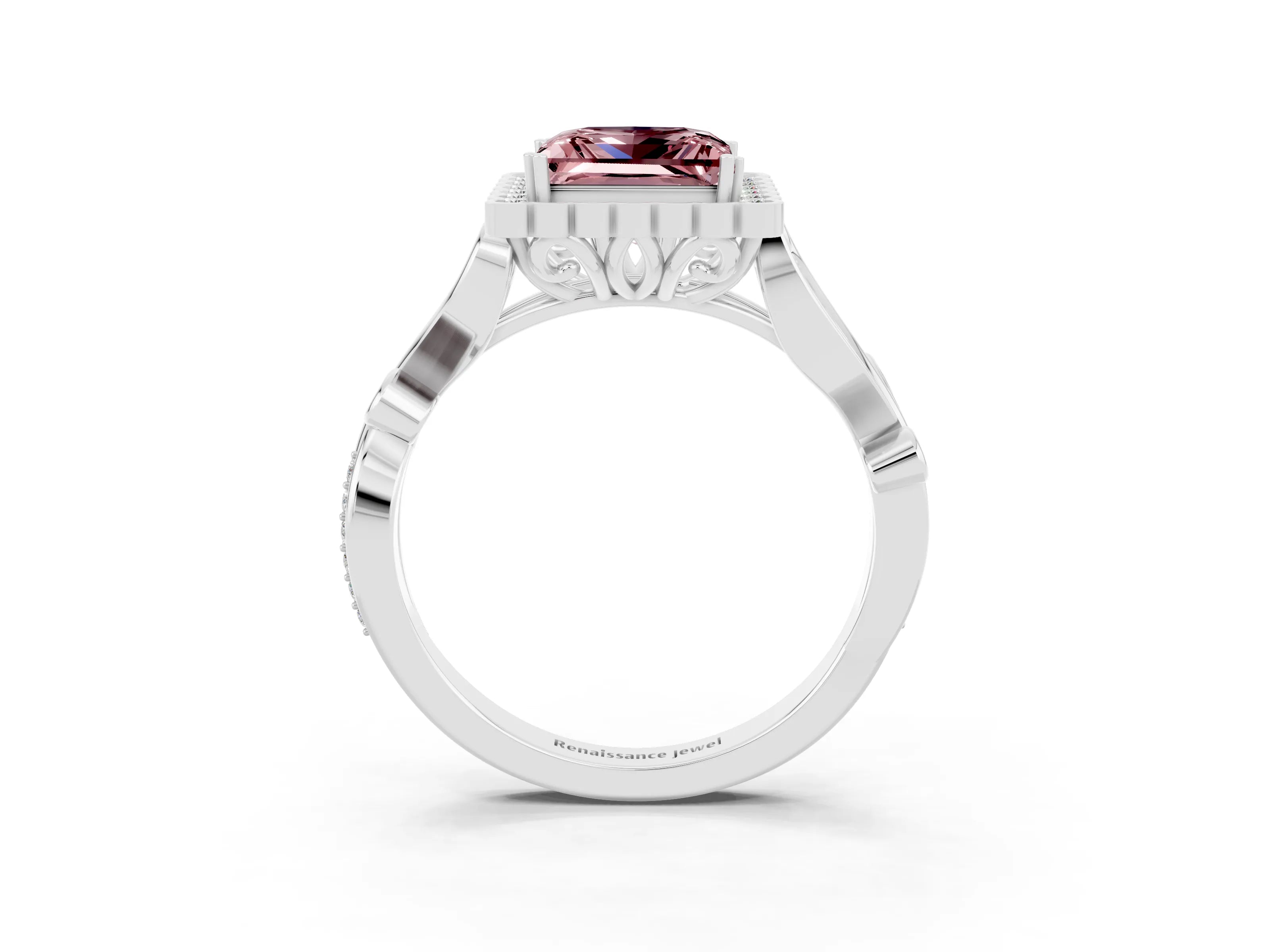 White gold Princess Cut Morganite Halo Ring with Vintage Split Shank and Four-Prong Setting_27