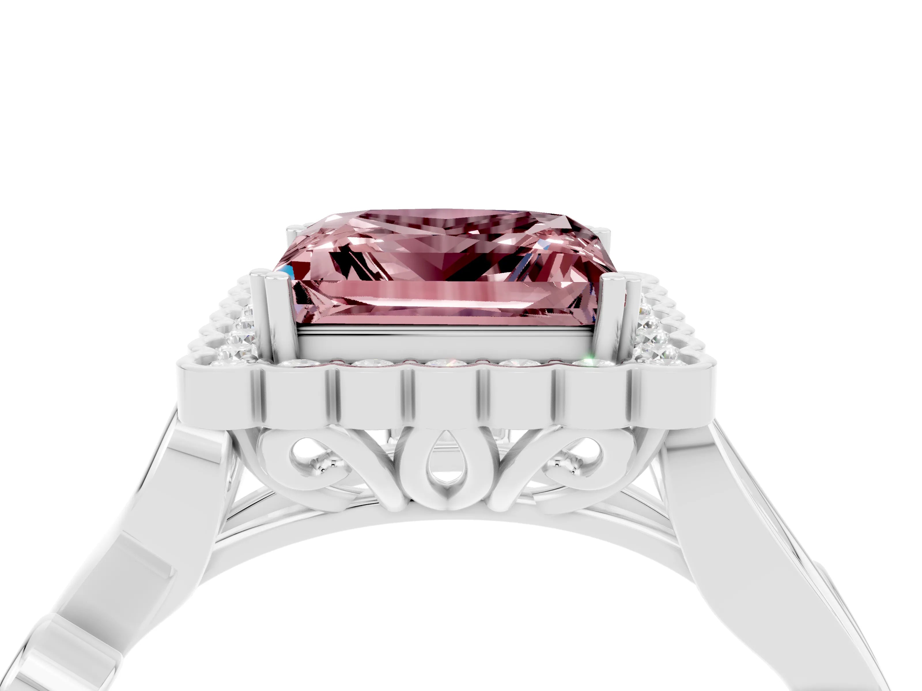 White gold Princess Cut Morganite Halo Ring with Vintage Split Shank and Four-Prong Setting_28