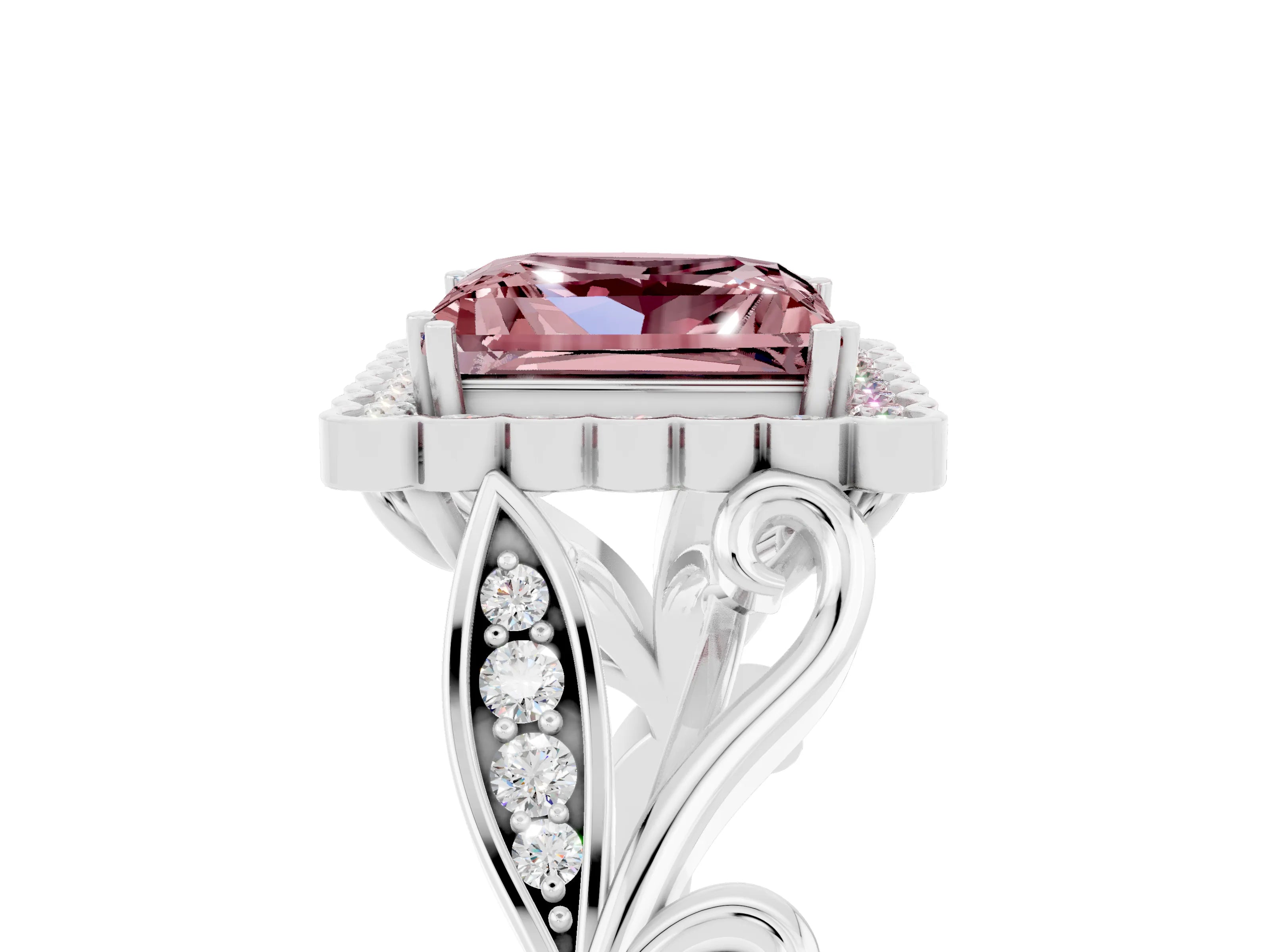 White gold Princess Cut Morganite Halo Ring with Vintage Split Shank and Four-Prong Setting_29