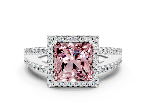 Platinum Princess Cut Morganite Halo Split Shank Engagement Ring
